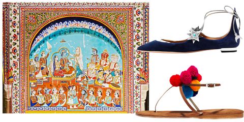 <p>"Debonnaire suede sandals for a day trip to see the wall paintings at Samode Palace in Jaipur, and Aquazzura x Poppy Delevingne shoes for a dinner at Umaid Bhawan Palace in Jodhpur."</p><p>Murals at Samode Palace; <strong>Aquazzura</strong> shoes, $595, 877-551-7257; <strong>Debonnaire</strong> sandals, $135, <a href="http://www.debonnaire.com/" target="_blank">debonnaire.com</a>. </p>