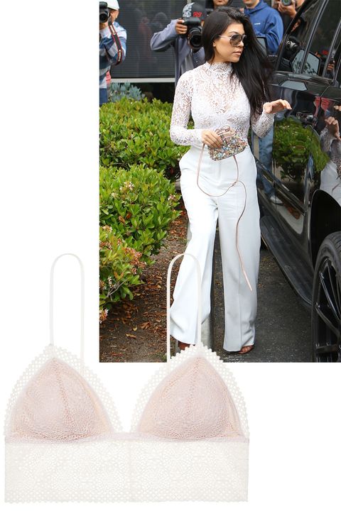 <p>Kourtney Kardashian embraces white lace by wearing nothing but a slim line bra under it. </p><p><em>Victoria's Secret bralet, $20</em><em>, <a href="https://www.victoriassecret.com/bras/shop-all-bras/long-line-bralette?ProductID=274909&CatalogueType=OLS&cm_mmc=PLA-_-Google-_-MOD%2FCAS%20BRAS-_-TE-344744&gclid=CKH4nb2SlM0CFVetNwodFZYNqQ&gclsrc=ds" target="_blank">victoriassecret.com</a>. </em></p>