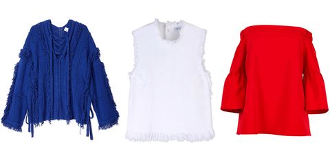 <p><em>Phillip Lim blue fringe sweater, $144 (similar), <strong><a href="https://shop.harpersbazaar.com/designers/0-9/31-phillip-lim/bright-blue-sweater-7625.html" target="_blank">shopBAZAAR.com</a></strong>; T by Alexander Wang fringe top, $158 (sale), <strong><a href="https://shop.harpersbazaar.com/designers/t/t-by-alexander-wang/white-fringe-tank-9414.html" target="_blank">shopBAZAAR.com</a></strong>; Tibi red top, $285, <a href="https://shop.harpersbazaar.com/designers/t/tibi/off-shoulder-lantern-sleeve-top-8304.html" target="_blank"><strong>shopBAZAAR.com</strong></a>. </em></p>