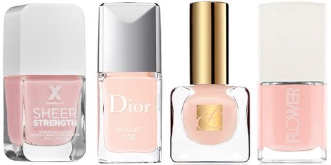 <p><strong>Formula X </strong>Sheer Strength Nail Polish in Wondrous,$13, <a href="http://www.sephora.com/sheer-strength-treatment-nail-polish-P393226">sephora.com</a>; <strong>Dior </strong>Vernis in Muguet, $27, <a href="http://www.dior.com/beauty/en_us/fragrance-beauty/makeup/nails/nail-lacquers/pr-diorvernis-y0002959-couture-color-gel-shine-long-wear-nail-lacquer.html" target="_blank">dior.com</a>;  <strong>Estée Lauder </strong><span class="redactor-invisible-space">Pure Color Nail Lacquer in Ballerina Pink, $21, <a href="https://www.esteelauder.com/product/631/13562/Product-Catalog/Makeup/Pure-Color/Nail-Lacquer" target="_blank">esteelauder.com</a>; <strong>Flower Beauty </strong><span class="redactor-invisible-space">Nail Lacquer in Nail'd It, $5, <a href="http://flowerbeauty.com/nail/detail/29/flower-naild-it-nail-lacquer/" target="_blank">flowerbeauty.com</a>.</span></span></p>