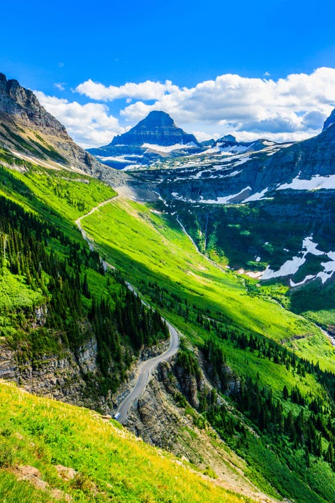 America's Most Beautiful National Park Stunning vista along Highline trail in Glacier National Park, Montana USA.