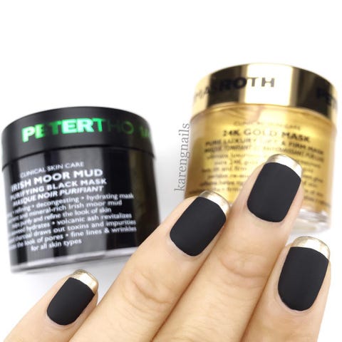 Black and Gold <p>For this look, start with a matte black nail. Add a metallic gold lacquer to your tips for a glam, but minimal design. </p><p>Design by <a href="https://www.instagram.com/p/BHLXPgTg3Pv/" target="_blank">@karengnails</a></p>