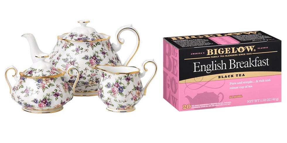 <p><strong>Royal Albert</strong> tea set, $187, <a href="http://canada.royalalbert.com/100-years-1940-english-chintz-3-piece-tea-set" target="_blank">royalalbert.com</a>; <strong>Bigelow </strong>English Breakfast tea, $19 (for case of 120 tea bags), <a href="https://www.bigelowtea.com/Shop-Teas/By-Type/Black/English-Breakfast#.V5o1zJOAOko" target="_blank">bigelowtea.com</a>.</p>