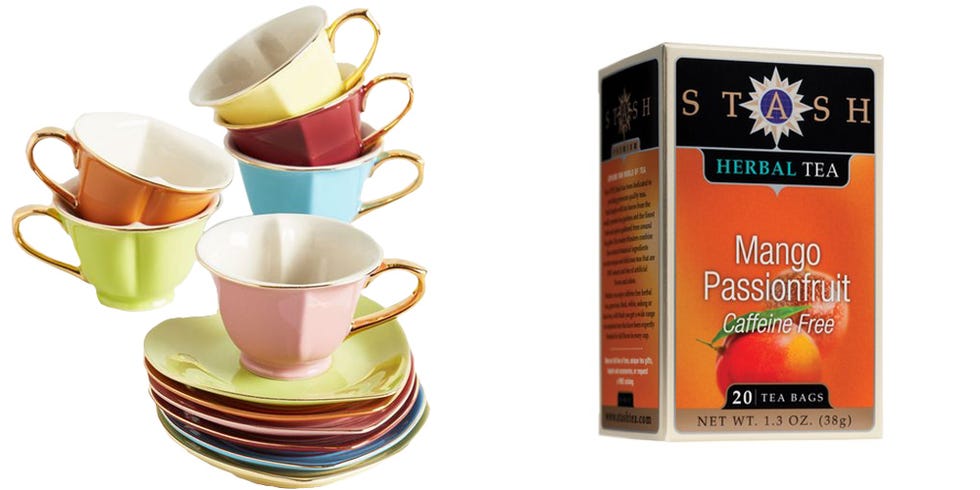 <p><strong>Dream and Sugar</strong> tea set, $70, <a href="http://www.modcloth.com/shop/tabletop/dream-and-sugar-tea-set-in-rainbow-gold-trim?utm_source=polyvore&utm_medium=cse&utm_campaign=CPCdrinkware" target="_blank">modcloth.com</a>; <strong>Stash</strong> Mango Passionfruit tea, $4, <a href="https://well.ca/products/stash-mango-passionfruit-tea_20040.html?gclid=CPK0habMls4CFQERaQodqAEJTA" target="_blank">well.com</a>. </p>