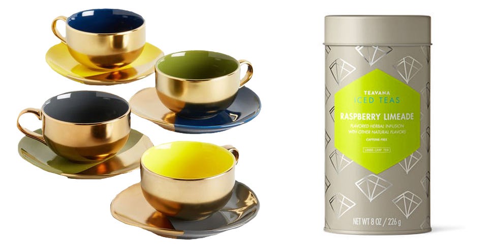 <p><strong>Gold Crush</strong> tea set, $45, <a href="http://www.modcloth.com/shop/tabletop/gold-crush-tea-set?utm_source=polyvore&utm_medium=cse&utm_campaign=CPCteapots" target="_blank">modcloth.com</a>; <strong>Teavana</strong> Raspberry Limeade tea-filled tin, $40, <a href="http://www.teavana.com/us/en/tea/tea-filled-tins/raspberry-limeade-tea-filled-tin-011064361.html?navid=new-arrivals&start=8" target="_blank">teavana.com</a>. </p>