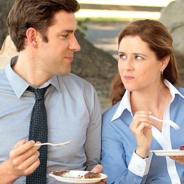Dress shirt, Cuisine, Eating, Sharing, Tie, Tableware, Plate, Dessert, Dish, Conversation, 