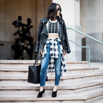 Clothing, Textile, Outerwear, Style, Street fashion, Denim, Stairs, Bag, Fashion, Electric blue, 