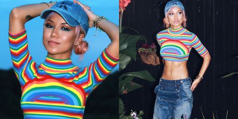 Look: Jhené embraces the rainbow with a UNIF top, Calvin Klein hat and low-...