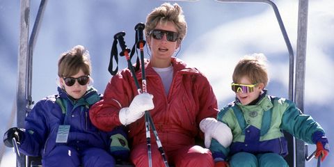 The Princess of Wales with her sons William and Harry on the chair lift during a skiing holiday in Lech, Austria, April 1991.