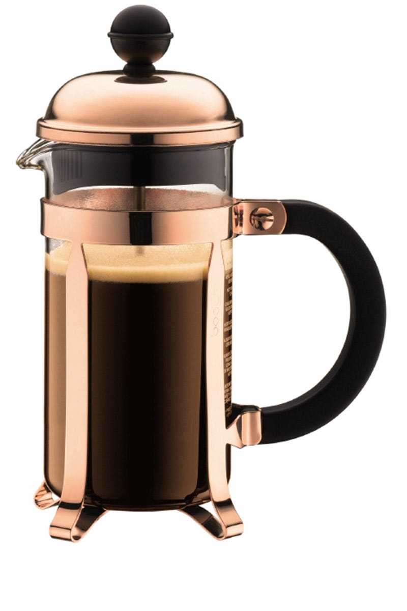 Your friends probably have their way of preparing coffee each morning, but it's likely not as chic as this metallic French press. Start off your string of gift giving with something affordable for you, and luxurious in feel. Gifting in theme is both memorable and thoughtful, so snag the cups and saucers off  their registry and add in a bag of artisan coffee beans for their wedding gift. Bodum copper french press, $60, westelm.com.