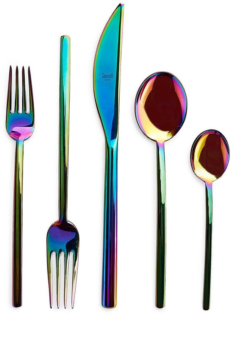 <p>Save the formal dinnerware for the&nbsp;wedding gift and purchase something fun you'd love to have in your home.&nbsp;<em data-redactor-tag="em" data-verified="redactor"><strong data-redactor-tag="strong" data-verified="redactor">iridescent</strong> 5-piece flatware set, $195 each,&nbsp;</em><a href="http://www.abchome.com/shop/iridescent-5-piece-flatware-set-1415548" target="_blank"><em data-redactor-tag="em" data-verified="redactor">abchome.com</em></a>.</p>