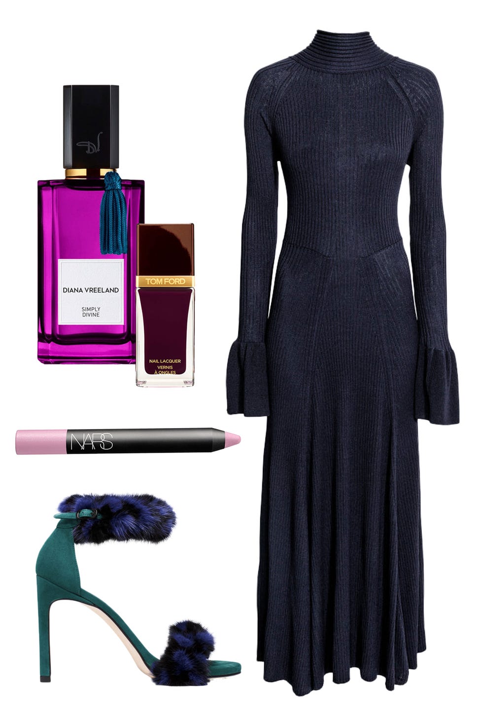 <p>Long, lithe, sleek, and chic—this body-skimming gown is, somehow, simultaneously dramatic yet also mysterious and understated. Pair it with a purple haze of smoky eyeshadow and a touch of&nbsp;fuzziness&nbsp;on your feet for a bit of levity and flair.
</p><p><br>
</p><p><em data-redactor-tag="em">H&amp;M Ribbed Dress With Flounces, $69.99, <a href="http://www.hm.com/us/product/53167?article=53167-A" target="_blank">hm.com</a>; The BunnyLove Sandal, $498, <a href="http://www.stuartweitzman.com/products/bunnylove/blue-and-nero-mink/?DepartmentId=360&amp;DepartmentGroupId=62" target="_blank">stuartweitzman.com</a>; Diana Vreeland Simply Divine Eau de Parfum, $185, <a href="http://nordstrom.com http://shop.nordstrom.com/s/diana-vreeland-simply-divine-eau-de-parfum/4461869" target="_blank">nordstrom.com</a>; Nars Velvet Matte Lipstick Pencil in Paimpol, $26, <a href="http://nordstrom.com http://shop.nordstrom.com/s/nars-velvet-matte-lipstick-pencil/2893794" target="_blank">nordstrom.com</a>; Tom Ford Nail Lacquer in African Violet, $36, <a href="http://www.neimanmarcus.com/TOM-FORD-Nail-Lacquer-Nail-Care/prod179760230_cat10470830__/p.prod?icid=&amp;searchType=EndecaDrivenCat&amp;rte=%252Fcategory.jsp%253FitemId%253Dcat10470830%2526pageSize%253D30%2526No%253D0%2526refinements%253D&amp;eItemId=prod179760230&amp;cmCat=product" target="_blank">neimanmarcus.com</a></em><br></p>