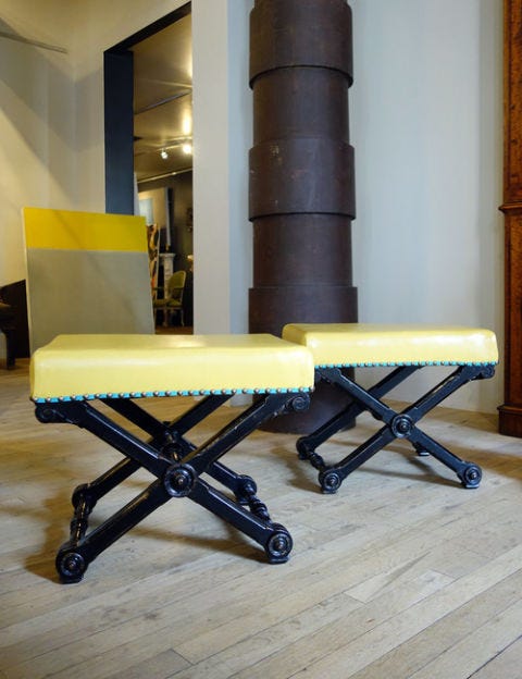 <p>"Work through any fears of the vintage or antique: new is not necessarily better! And no one wants to live in a showroom. The art and antiques dealer <a href="http://www.geraldblandinc.com/" target="_blank">Gerald Bland</a> makes 19th Century pieces feel modern with rich colors and novel upholstery details, and by pairing them with contemporary artwork."</p><p><em data-redactor-tag="em" data-verified="redactor">Gerald Bland benches, price upon request, <a href="http://www.geraldblandinc.com/seat-furniture/pair-of-ebonized-benches" target="_blank">geraldbland.com</a>.&nbsp;</em></p>