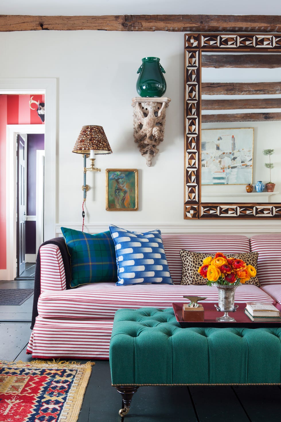 <p>"Play with scale, especially in small rooms. Perhaps an armless sofa takes up the entire width of the room and you hang wall lamps in lieu of side tables? Or hang a giant mirror that stretches from the top of the sofa to the cornice."<span class="redactor-invisible-space" data-verified="redactor" data-redactor-tag="span" data-redactor-class="redactor-invisible-space"></span></p>