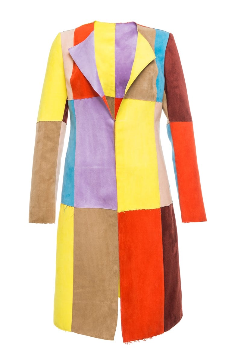 <p><strong data-redactor-tag="strong" data-verified="redactor">Front Row Shop</strong> Suedette Multi-colore Trench Coat, $83, <a href="http://www.frontrowshop.com/product/frs-suedette-colorful-block-collarless-trench-coat" target="_blank">frontrowshop.com</a>.</p>