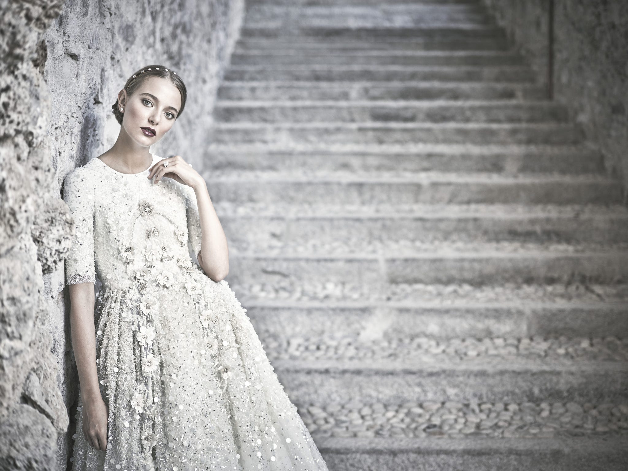 Clothing, Stairs, Dress, Photograph, White, Monochrome, Style, Monochrome photography, Beauty, Day dress, 