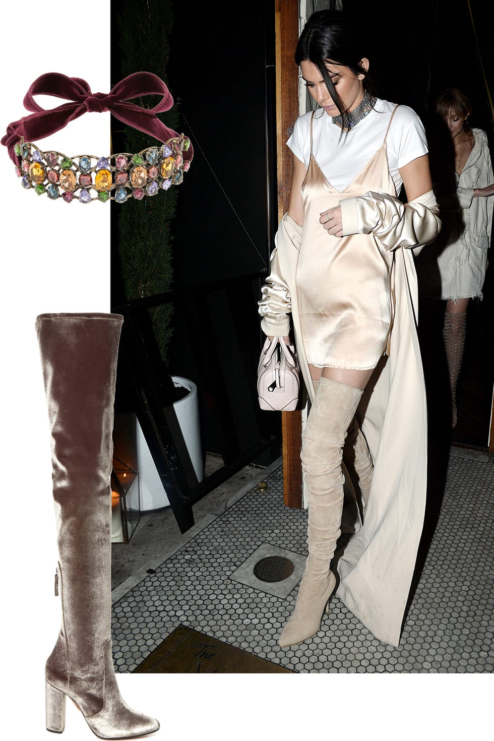 <p>Take a note from Kendall Jenner and don a sleek dinner look with bold accoutrements. A slipdress thrown over a white T-shirt brings a playful touch to your nighttime look, and paired with a sparkly choker and thigh-high suede boots, you'll be the talk of the town (or table).</p><p><br></p><p><em data-redactor-tag="em" data-verified="redactor">Lanvin choker, $855, <a href="http://www.matchesfashion.com/products/Lanvin-Ginger-crystal-embellished-choker-1065165" target="_blank">matchesfashion.com</a>; Aquazzura boots, $725, <a href="http://www.matchesfashion.com/products/Aquazzura-Over-the-knee-velvet-boots-1061910" target="_blank">matchesfashion.com</a>.&nbsp;</em></p>