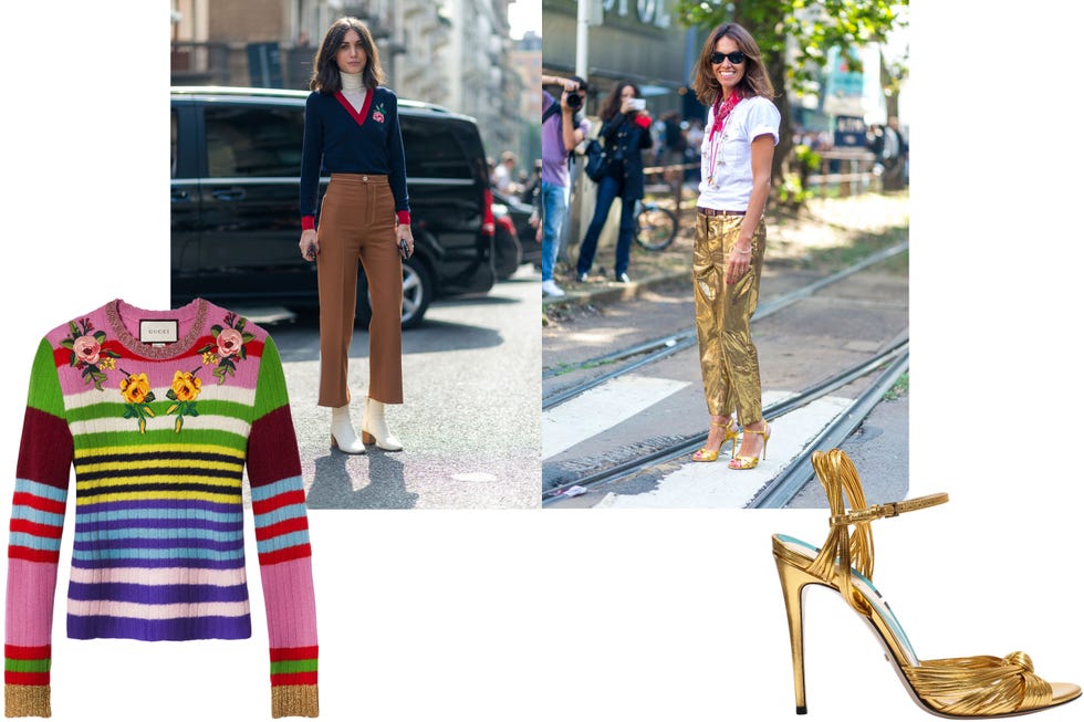<p>Alessandro Michele<span class="redactor-invisible-space"></span>'s Gucci designs reigned supreme.&nbsp;</p><p><em data-redactor-tag="em" data-verified="redactor">Gucci sweater, $1,650,<strong data-redactor-tag="strong" data-verified="redactor"> <a href="https://shop.meltsflow.com/g/gucci/ls-cashmere-and-merino-striped-crewneck-top-w-lurex-details-10049.html" target="_blank">shopBAZAAR.com</a></strong>; Gucci sandal, $795, <strong data-redactor-tag="strong" data-verified="redactor"><a href="https://shop.meltsflow.com/g/gucci/metallic-gold-sandal-10341.html" target="_blank">shopBAZAAR.com</a></strong>.&nbsp;</em></p>