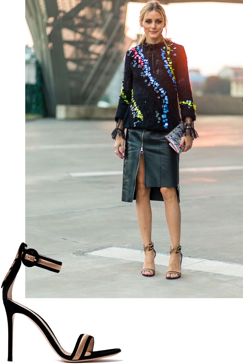 <p>Olivia Palermo showed that a black and gold heel&nbsp;is an always-essential.&nbsp;</p><p><em data-redactor-tag="em" data-verified="redactor">Gianvito Rossi sandal, $1,095, <strong data-redactor-tag="strong" data-verified="redactor"><a href="https://shop.meltsflow.com/g/gianvito-rossi/portofino-metallic-embroidered-suede-sandals-10296.html" target="_blank">shopBAZAAR.com</a></strong>.&nbsp;</em></p>