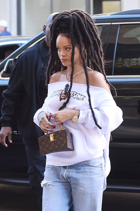 Rihanna Makes Her Own Off-the-Shoulder Shirts