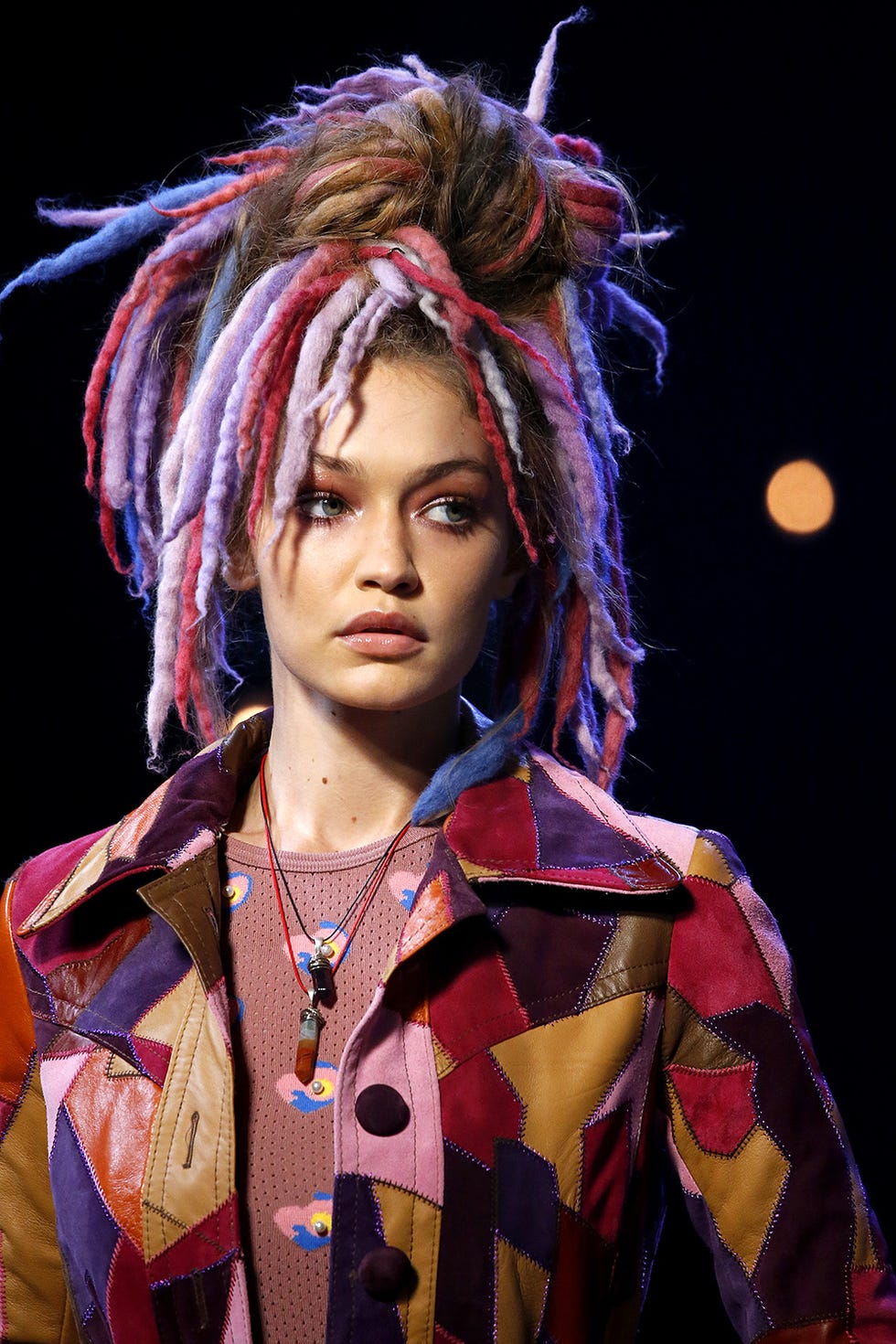 Hairstyle, Style, Fashion, Costume, Purple, Hair coloring, Magenta, Costume design, Street fashion, Eyelash, 