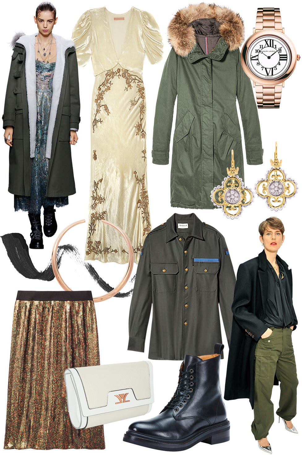 <p><strong data-redactor-tag="strong" data-verified="redactor">STYLIST'S TIP:&nbsp;</strong>An army green jacket toughens up a girly dress.</p><p><em data-redactor-tag="em" data-verified="redactor"><strong data-redactor-tag="strong" data-verified="redactor"><br></strong></em></p><p><em data-redactor-tag="em" data-verified="redactor"><span class="redactor-invisible-space" data-verified="redactor" data-redactor-tag="span" data-redactor-class="redactor-invisible-space"><strong data-redactor-tag="strong" data-verified="redactor"></strong></span></em><em data-redactor-tag="em" data-verified="redactor"><strong data-redactor-tag="strong" data-verified="redactor">Brock Collection</strong> dress, $4,290, <a href="http://www.brocknewyork.com/" target="_blank">brocknewyork.com</a>; <strong data-redactor-tag="strong" data-verified="redactor">Moncler</strong> jacket, $1,975, <a href="http://moncler.com" target="_blank">moncler.com</a>; <strong data-redactor-tag="strong" data-verified="redactor">Ralph Lauren</strong> watch, $21,800, <a href="http://www.ralphlauren.com/home/index.jsp?ab=Geo_iUS_rUS_dUS" target="_blank">ralphlauren.com</a>; <strong data-redactor-tag="strong" data-verified="redactor">Lancôme</strong> Grandiôse Liner in Matte Noir, $32, <a href="http://www.lancome-usa.com/" target="_blank">lancome-usa.com</a>; <strong data-redactor-tag="strong" data-verified="redactor">Sidney Garber</strong> necklace, $18,200, <a href="http://sidneygarber.com/" target="_blank">sidneygarber.com</a>; <strong data-redactor-tag="strong" data-verified="redactor">Maison Mayle</strong> shirt, $795, <a href="http://maisonmayle.com/" target="_blank">maisonmayle.com</a>; <strong data-redactor-tag="strong" data-verified="redactor">Vahan</strong> earrings, $2,625, <a href="http://www.vahanjewelry.com/" target="_blank">vahanjewelry.com</a>; <strong data-redactor-tag="strong" data-verified="redactor">Le Vian </strong>clutch, $799, <a href="http://levian.com/brandedbylevian/" target="_blank">levian.com</a>; <strong data-redactor-tag="strong" data-verified="redactor">The Frye Company </strong>boot, $528, <a href="http://www.thefryecompany.com/" target="_blank">thefryecompany.com</a></em><span class="redactor-invisible-space"><em data-redactor-tag="em" data-verified="redactor">.</em></span><span class="redactor-invisible-space" data-verified="redactor" data-redactor-tag="span" data-redactor-class="redactor-invisible-space"><em data-redactor-tag="em" data-verified="redactor"></em></span></p>