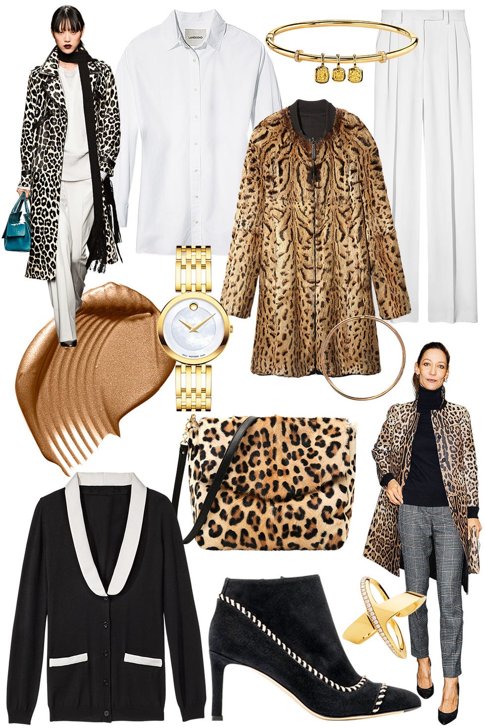 <p><strong data-redactor-tag="strong" data-verified="redactor">STYLIST'S TIP:&nbsp;</strong>A pop of leopard enlivens any look.</p><p><em data-redactor-tag="em" data-verified="redactor"><strong data-redactor-tag="strong" data-verified="redactor"><br></strong></em></p><p><em data-redactor-tag="em" data-verified="redactor"><strong data-redactor-tag="strong" data-verified="redactor">Canvas by Lands' End</strong> shirt, $70, <a href="http://www.landsend.com/canvas-by-lands-end/?cm_re=canvasbylandsend_2016" target="_blank">canvasbylandsend.com</a>; <strong data-redactor-tag="strong" data-verified="redactor">Forevermark </strong>bangle, <a href="http://forevermark.com/" target="_blank">forevermark.com</a>; <strong data-redactor-tag="strong" data-verified="redactor">Longchamp </strong>coat, $2,360, <a href="http://www.longchamp.com/" target="_blank">longchamp.com</a>; <strong data-redactor-tag="strong" data-verified="redactor">Kimora Lee Simmons</strong> pants, $895, <a href="http://www.kls.com/" target="_blank">kls.com</a>; <strong data-redactor-tag="strong" data-verified="redactor">Tom Ford </strong>Shimmer Shot in Lust for Life, $45, <a href="http://www.tomford.com/" target="_blank">tomford.com</a>; <strong data-redactor-tag="strong" data-verified="redactor">Movado</strong> watch, $1,295, <a href="http://www.movado.com/" target="_blank">movado.com</a>; <strong data-redactor-tag="strong" data-verified="redactor">Roberto Coin </strong>necklace, $7,000, <a href="https://us.robertocoin.com/" target="_blank">robertocoin.com</a>; <strong data-redactor-tag="strong" data-verified="redactor">Moschino Couture </strong>cardigan, $975,&nbsp;<a href="http://moschino.com/" target="_blank">moschino.com</a>; <strong data-redactor-tag="strong" data-verified="redactor">Max Mara </strong>boot, $670, <a href="http://us.maxmara.com/" target="_blank">maxmara.com</a>; <strong data-redactor-tag="strong" data-verified="redactor">Antonini</strong> ring, $3,540, <a href="http://www.antonini.it/" target="_blank">antonini.it</a>.</em><span class="redactor-invisible-space"><em data-redactor-tag="em" data-verified="redactor"></em></span><br></p>
