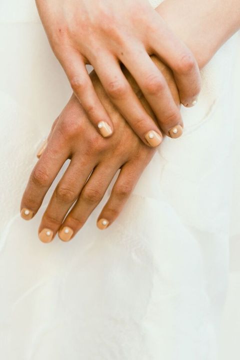 <p>While your mother may be pushing for one, French manicures are most definitely outdated. Nail artists have been pushing the reverse French (a much slimmer line along the cuticle rather than at the tip of the nail) but at&nbsp;Lela Rose,&nbsp;a petite white pearl &nbsp;was placed&nbsp;there instead for an equally gamine look that's trés chic.</p>