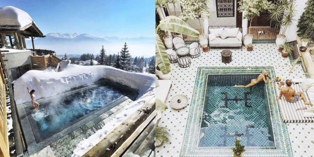 Mesh, Mountain range, Swimming pool, Water feature, Courtyard, Summit, Wire fencing, Snow, Net, Villa, 
