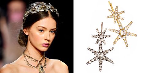 <p>Consider these sparkly pins an accessory—not the tools you're using to secure your hairstyle, advises Hawkins. They're eye-catching enough on their own, so keep your makeup simple.</p>

<p><strong data-redactor-tag="strong" data-verified="redactor">Jennifer Behr</strong> Venus bobby pins, $128 each, <a href="http://www.jenniferbehr.com/double-star-bobby-pin.html" target="_blank" data-tracking-id="recirc-text-link">jenniferbehr.com</a>. </p>