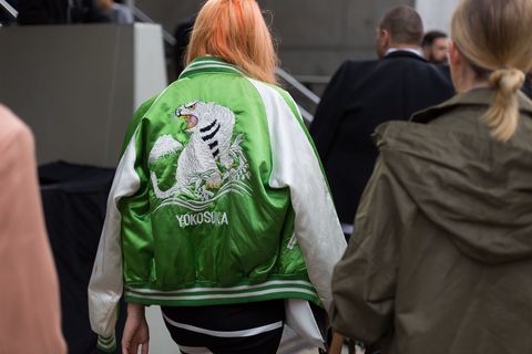 Sleeve, Green, Textile, Jacket, Fashion, Leather jacket, Street fashion, Blond, Back, Leather, 