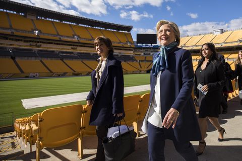 Democratic Presidential candidate Hillary Clinton walks through Heinz Field after attending a campaign rally, November 4, 2016 in Pittsburgh, PA (Photo by Brooks Kraft/ Getty Images)