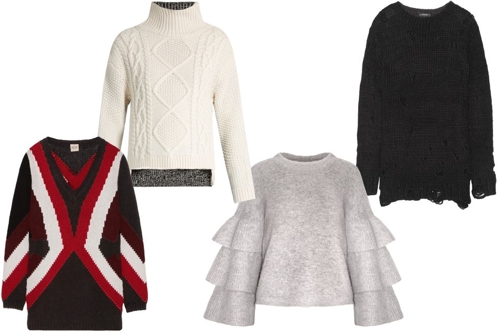 <p><em data-redactor-tag="em" data-verified="redactor">From left: Tod's sweater, $588, <a href="https://www.net-a-porter.com/us/en/product/758084/Tods/merino-wool-and-cashmere-blend-intarsia-sweater" target="_blank" data-tracking-id="recirc-text-link">net-a-porter.com</a>; Rag &amp; Bone sweater, $378, <a href="http://www.matchesfashion.com/us/products/Rag-%26-Bone-Ida-contrast-back-wool-sweater-1064455" target="_blank" data-tracking-id="recirc-text-link">matchesfashion.com</a>; Pixie Market sweater, $99, <a href="http://www.pixiemarket.com/grey-ruffled-sleeve-sweater.html" target="_blank" data-tracking-id="recirc-text-link">pixiemarket.com</a>; R13 sweater, $315, <a href="https://www.net-a-porter.com/us/en/product/756689/R13/distressed-knitted-sweater" target="_blank" data-tracking-id="recirc-text-link">net-a-porter.com</a>.</em></p>