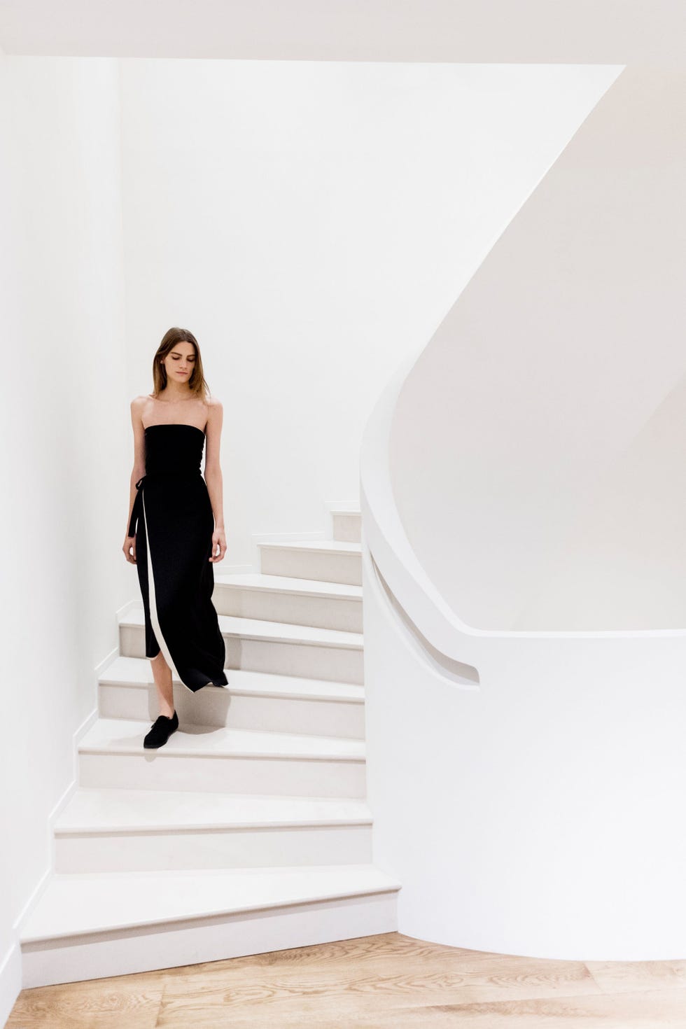 Clothing, Stairs, Sleeve, Shoulder, Human leg, Photograph, Joint, Standing, Style, Dress, 