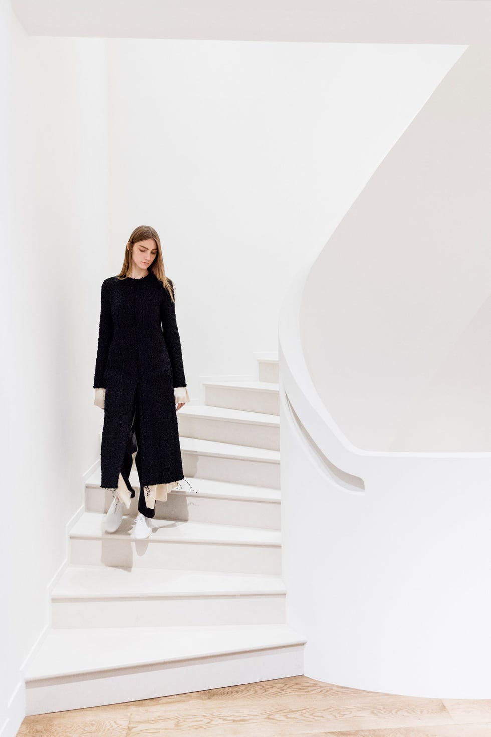 Clothing, Stairs, Sleeve, Coat, Photograph, Outerwear, Standing, Style, Street fashion, Knee, 