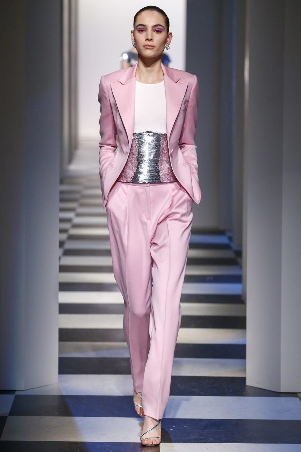 Clothing, Fashion show, Shoulder, Joint, Runway, Outerwear, Style, Pink, Formal wear, Fashion model, 