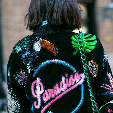 Sleeve, Back, Street fashion, Visual arts, Motif, Sweater, Pattern, Embroidery, 