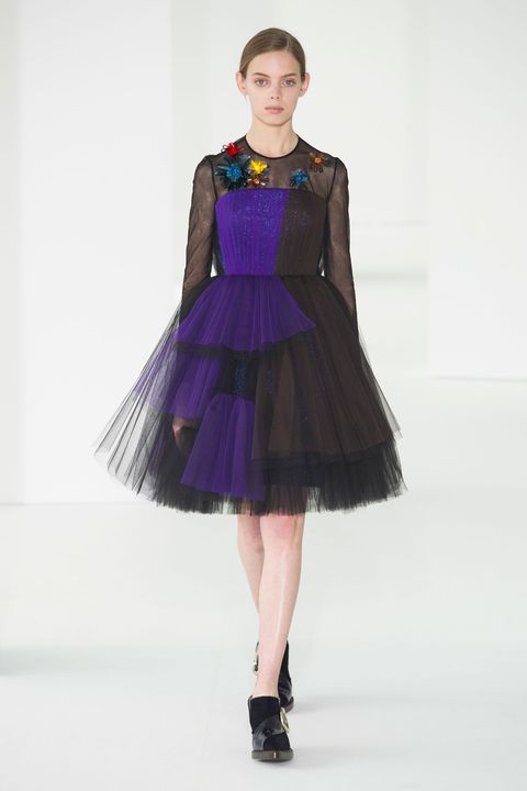 Fashion model, Fashion show, Clothing, Fashion, Runway, Dress, Purple, Blue, Shoulder, Fashion design, 