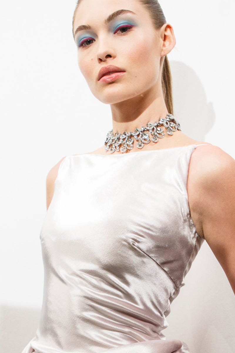 Clothing, Hairstyle, Dress, Shoulder, Eyelash, Earrings, Style, Formal wear, Beauty, Day dress, 