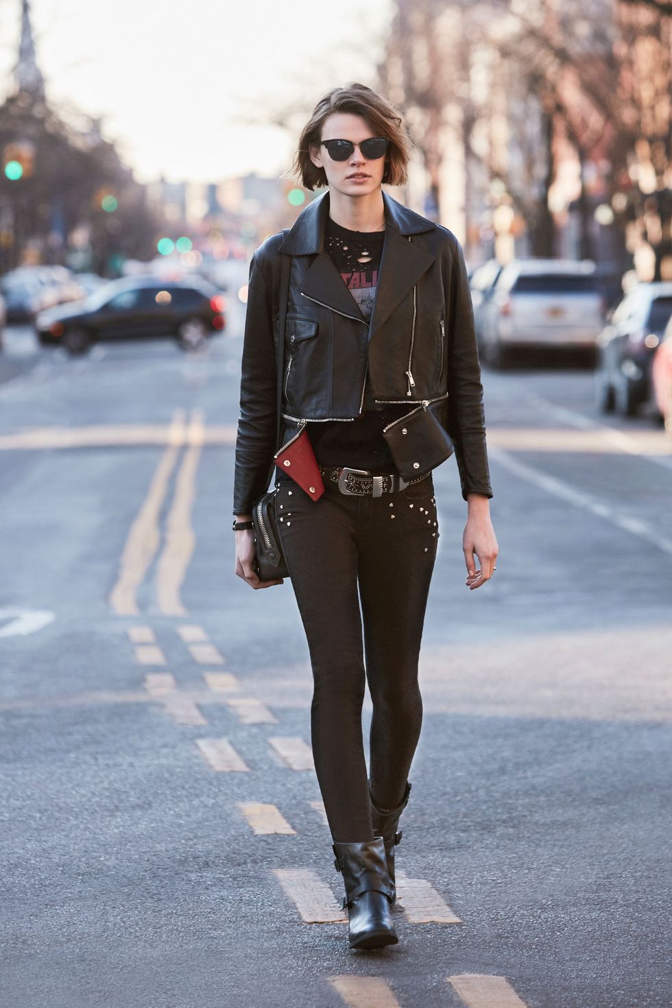 Women's Black Leather Biker Jacket, Black Turtleneck, Black Leggings, Black  Studded Leather Pumps