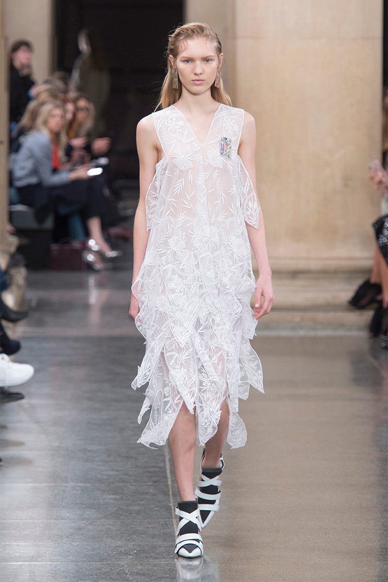 Clothing, Footwear, Fashion show, Shoulder, Joint, Shoe, White, Runway, Style, Dress, 