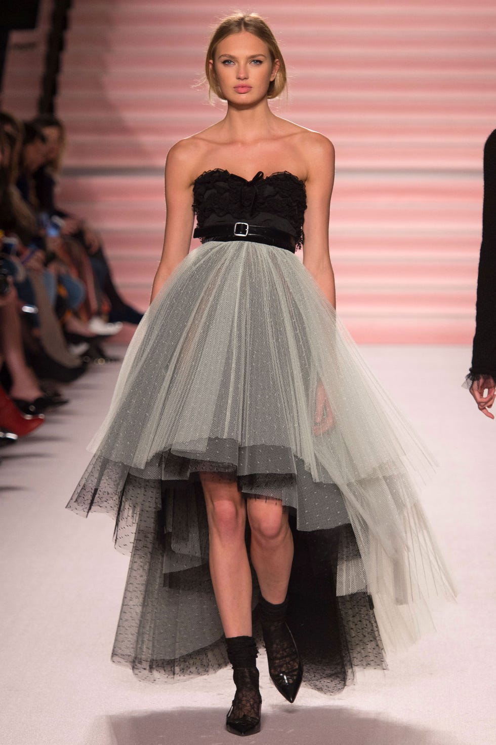 Clothing, Fashion show, Dress, Shoulder, Joint, Fashion model, Style, Waist, Runway, Strapless dress, 