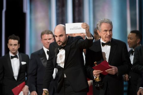 Jordan Horowitz holds up the 'Moonlight' Best Picture envelope at the Oscars 2017