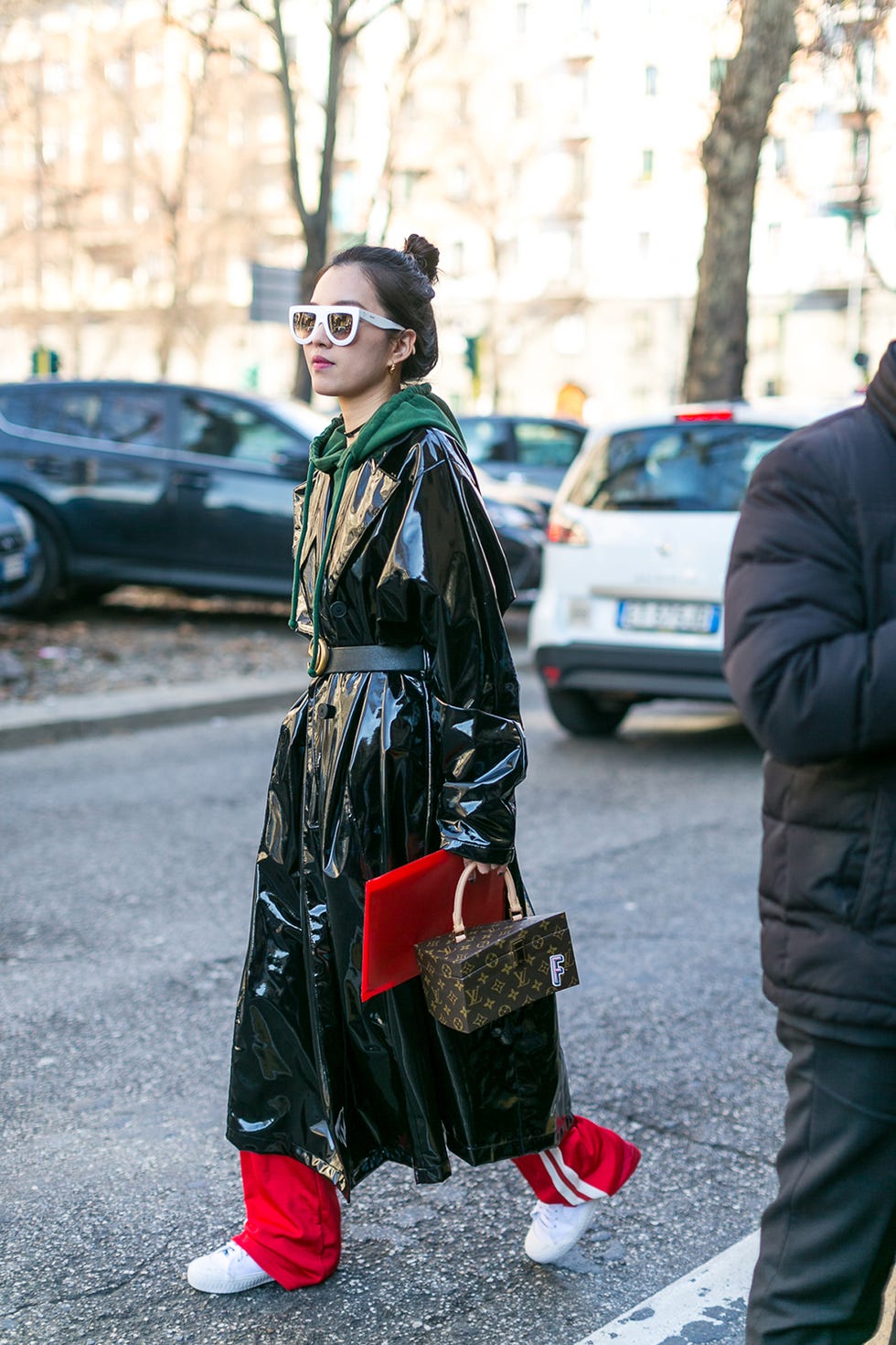 Clothing, Outerwear, Street, Street fashion, Style, Bag, Carmine, Luggage and bags, Jacket, Auto part, 