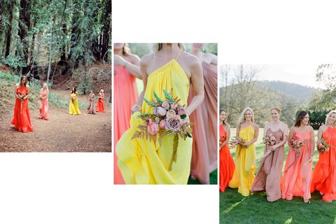Yellow, Green, Textile, Pink, Formal wear, Dress, Orange, Gown, Peach, Tradition, 