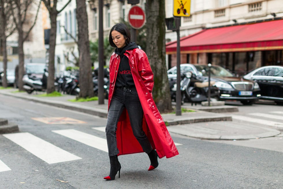 Road, Street, Red, Street fashion, Carmine, Costume, Automotive parking light, Pedestrian, Sidewalk, Traffic sign, 