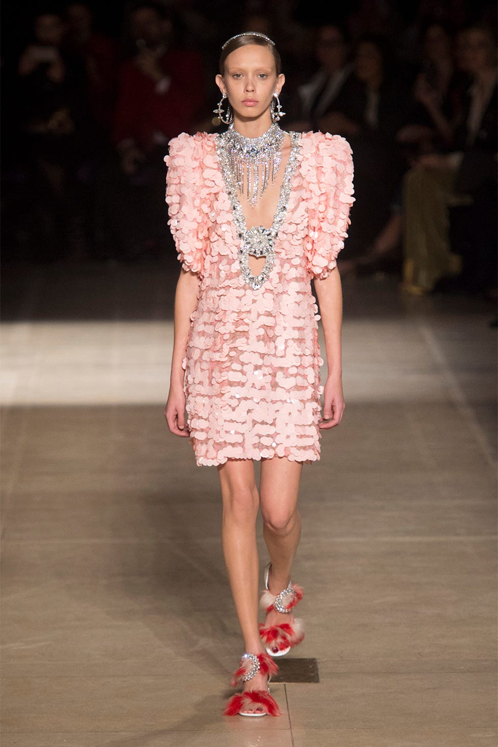 Fashion model, Fashion, Fashion show, Runway, Clothing, Shoulder, Footwear, Fashion design, Dress, Sandal, 