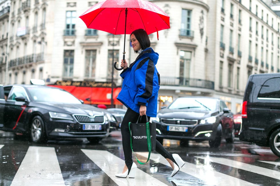 Umbrella, Vehicle, Car, Street fashion, Transport, Rain, Fashion, Automotive design, Pedestrian, Mode of transport, 