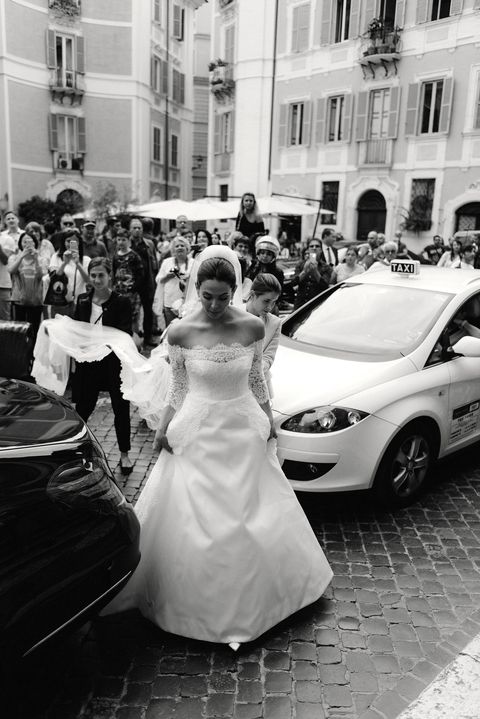 Photograph, Bride, Black-and-white, Dress, Wedding dress, Monochrome, Wedding, Vehicle, Monochrome photography, Ceremony, 