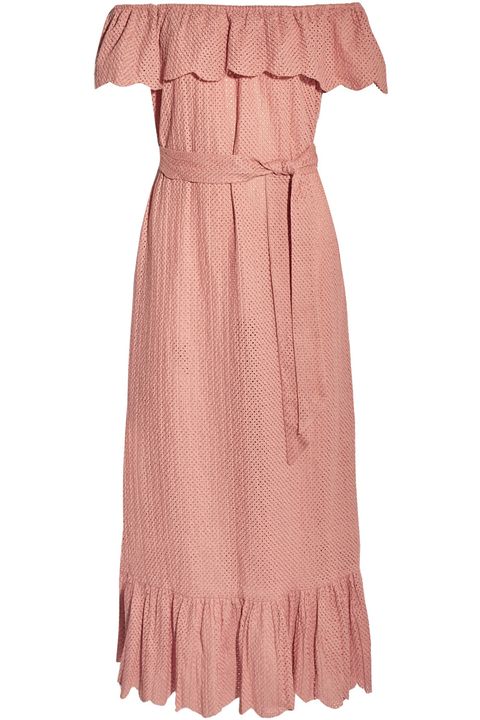 Clothing, Dress, Ruffle, Pink, Day dress, Peach, Sleeve, Shoulder, Textile, Cocktail dress, 